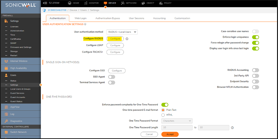 SonicWall Management interface - Adding Radius server